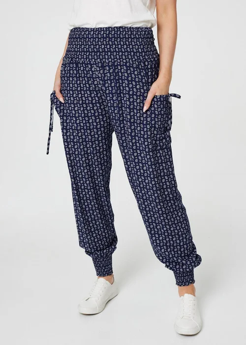 Izabel London Navy Ditsy Print High Waist Harem Trousers - 8 Image 1