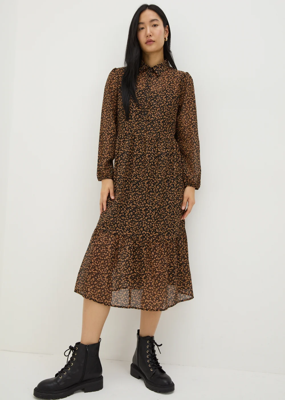 Brown Animal Mesh Shirt Midi Dress - 8 Image 1