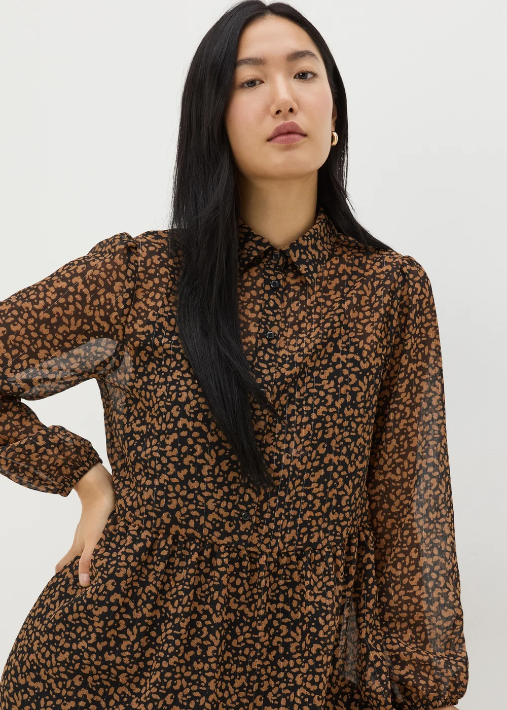 Brown Animal Mesh Shirt Midi Dress - 8 Image 3
