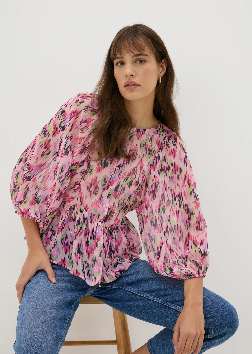 Pink Gathered Volume Sleeve Blouse - 8 Image 1