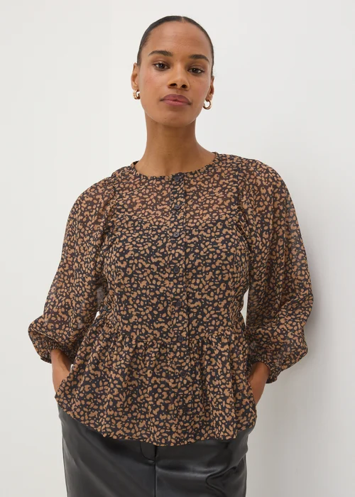 Brown Gathered Volume Sleeve Blouse - 8 Image 1