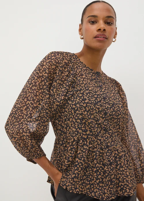 Brown Gathered Volume Sleeve Blouse - 8 Image 3