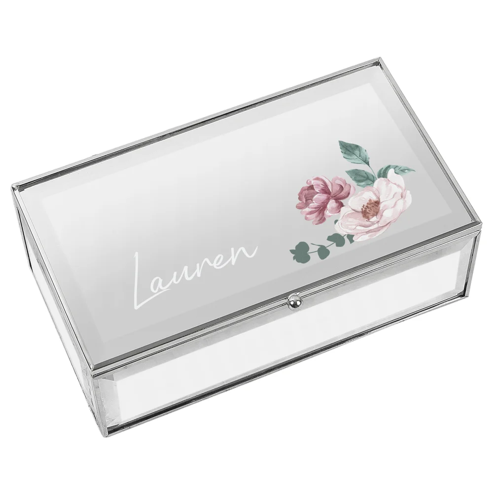 Personalised Memento Company Silver Floral Mirrored Jewellery Box - One Size Image 5