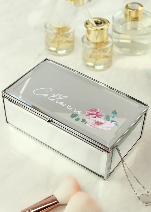 Personalised Memento Company Silver Floral Mirrored Jewellery Box - One Size Image 1