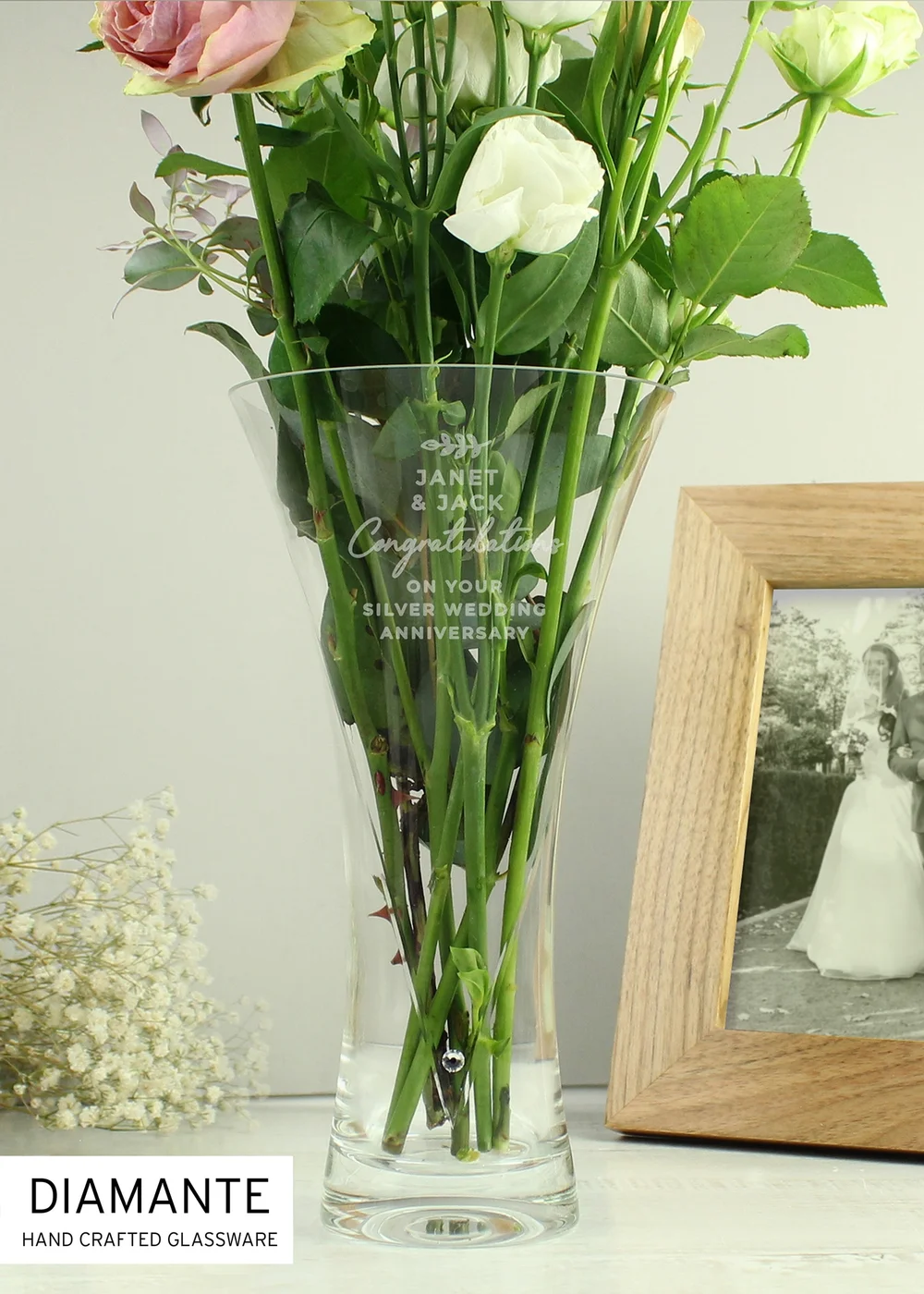Personalised Memento Company Clear Free Text Botanical Hand Cut Diamante Heart Vase - One Size Image 3