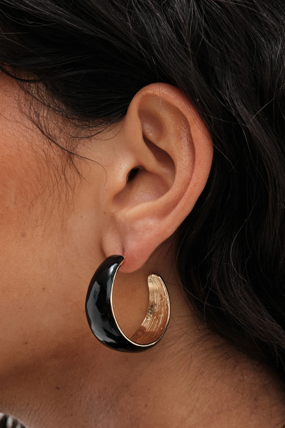 Mood Gold and Black Curved Hoop Earrings - One Size Image 2