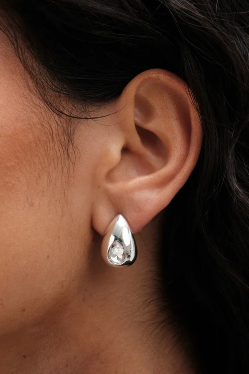 Mood Silver Crystal Pear Dome Hoop Earrings - One Size Image 2