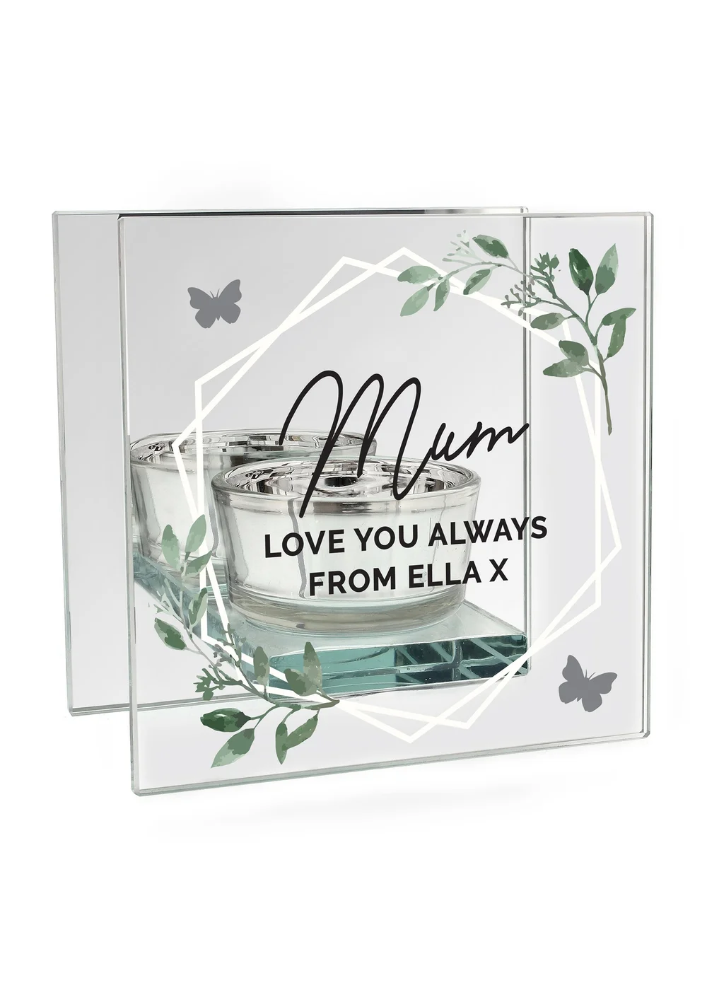 Personalised Memento Company Clear Botanical Mirrored Glass Tea Light Candle Holder - One Size Image 3