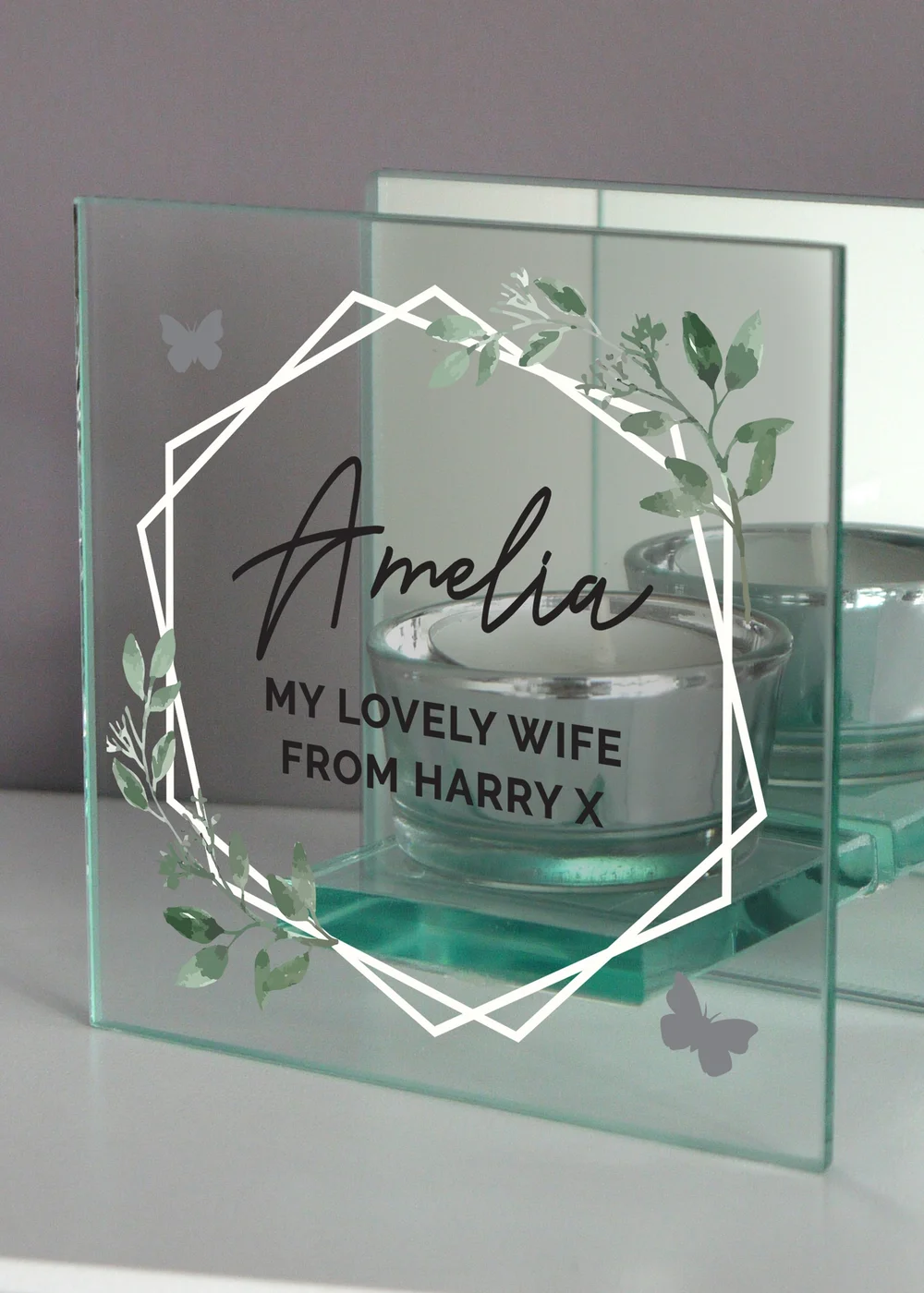 Personalised Memento Company Clear Botanical Mirrored Glass Tea Light Candle Holder - One Size Image 2