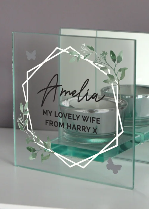 Personalised Memento Company Clear Botanical Mirrored Glass Tea Light Candle Holder - One Size Image 2