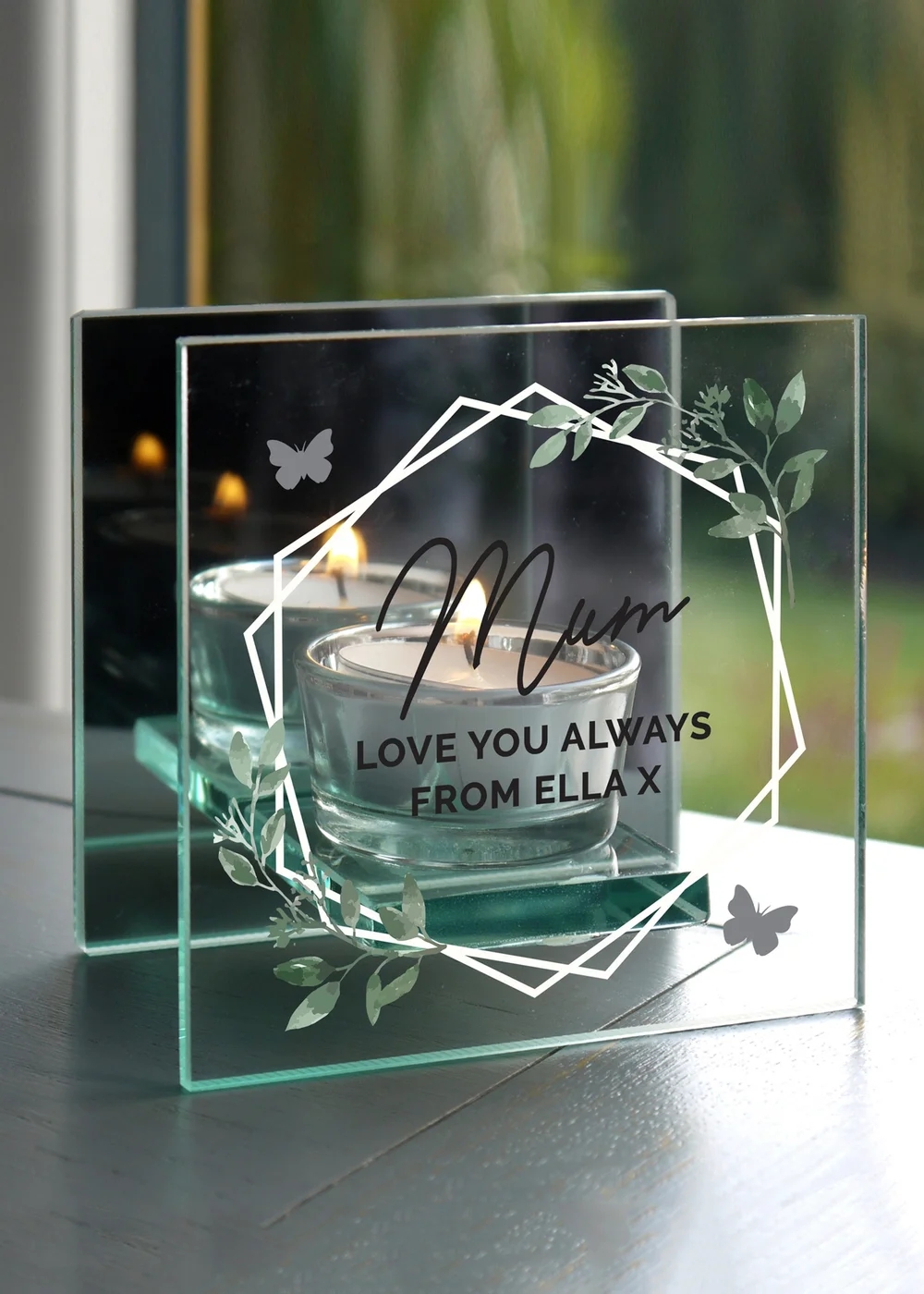 Personalised Memento Company Clear Botanical Mirrored Glass Tea Light Candle Holder - One Size Image 1