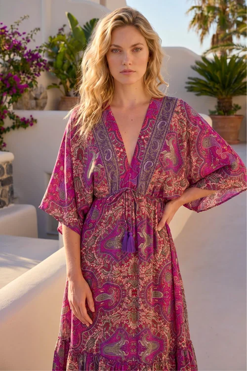 Roman Fuchsia Paisley Print Boho Maxi Dress - 10 Image 2