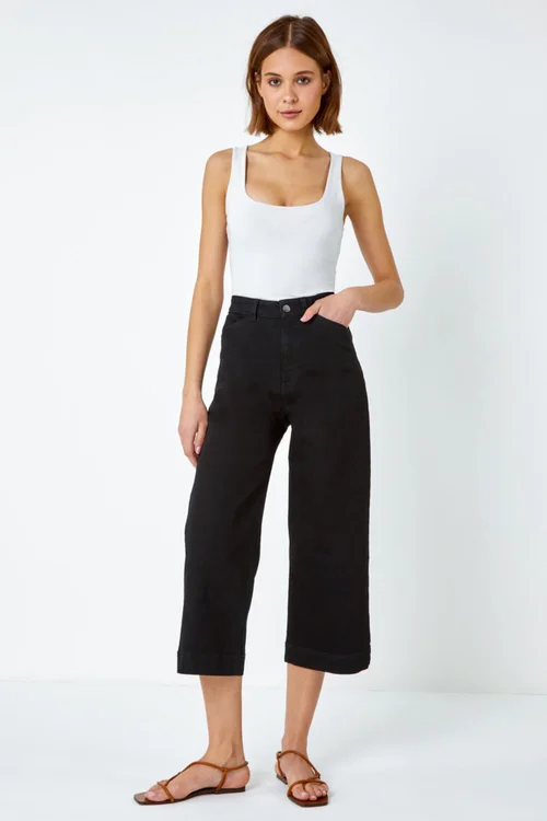 Roman Black Wide Leg Stretch Denim Culottes - 10 Image 3