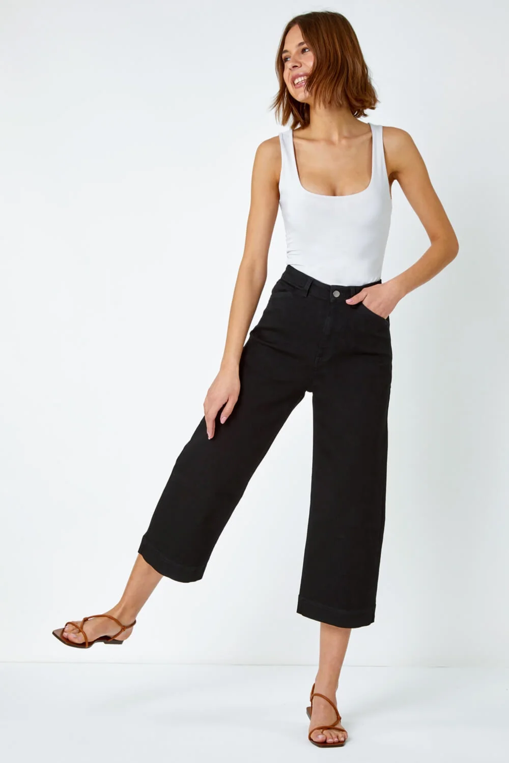 Roman Black Wide Leg Stretch Denim Culottes - 10 Image 2