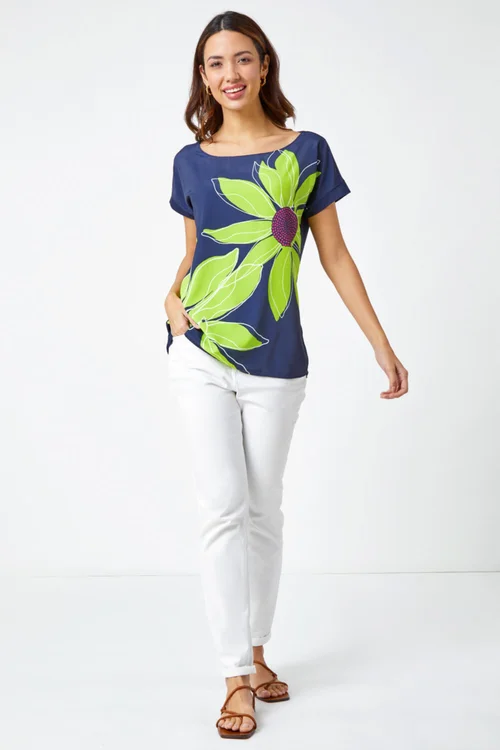 Roman Lime Contrast Floral Print T Shirt - Size 12 Image 2