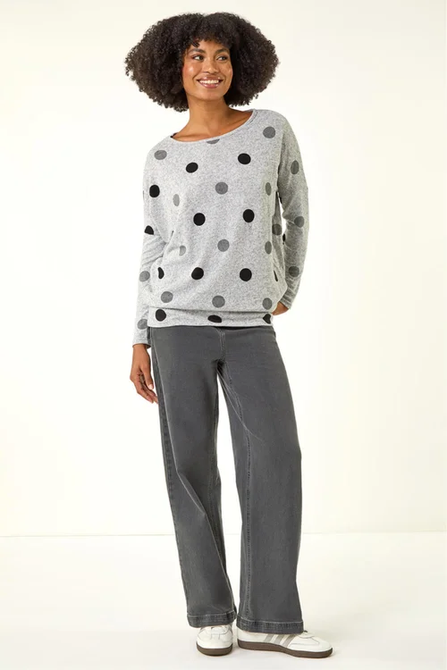 Roman Grey Polka Dot Blouson Long Sleeve Jersey Tunic Top - 22 Image 2