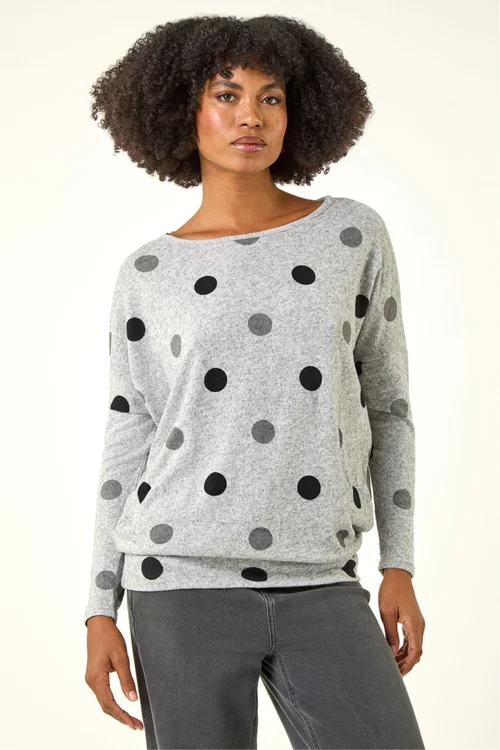 Roman Grey Polka Dot Blouson Long Sleeve Jersey Tunic Top - 22 Image 4