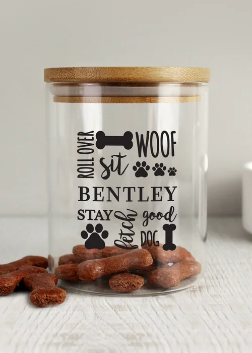 Personalised Memento Company Clear Glass Dog Treat Jar with Bamboo Lid - One Size Image 1