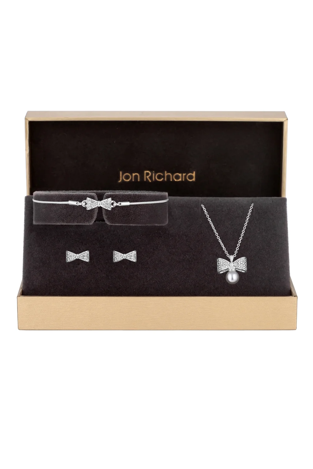 Jon Richard Silver Plated Crystal Bow and Pearl Set Gift Boxed - One Size Image 1