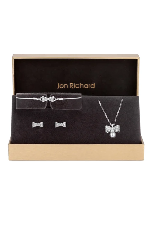 Jon Richard Silver Plated Crystal Bow and Pearl Set Gift Boxed - One Size Image 1