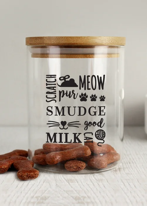 Personalised Memento Company Clear Glass Cat Treat jar with Bamboo Lid - One Size Image 3