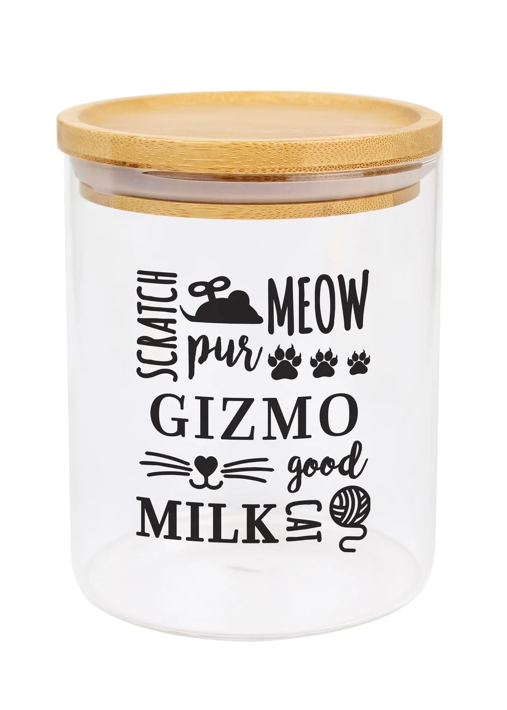 Personalised Memento Company Clear Glass Cat Treat jar with Bamboo Lid - One Size Image 1