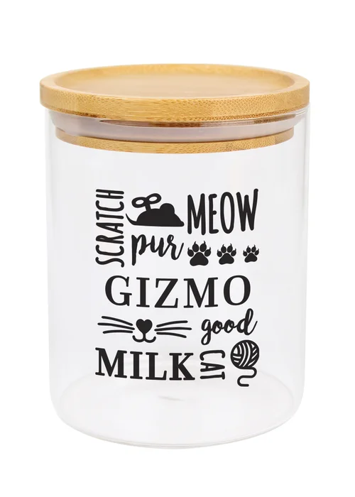 Personalised Memento Company Clear Glass Cat Treat jar with Bamboo Lid - One Size Image 1