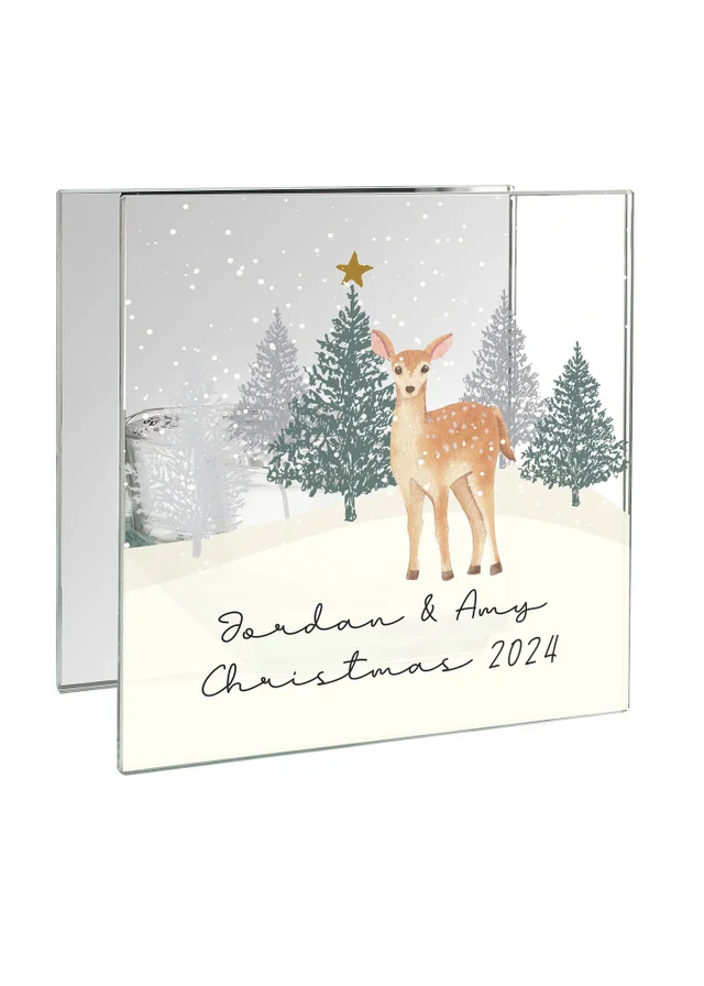 Personalised Memento Company Clear Christmas Deer Glass Tea Light Candle Holder