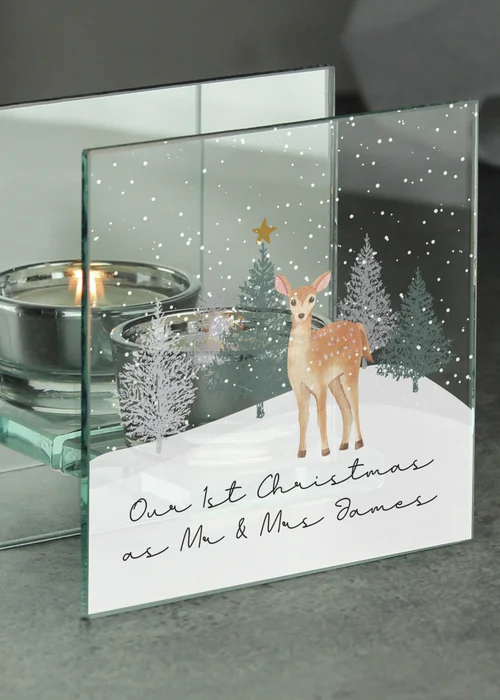 Personalised Memento Company Clear Christmas Deer Glass Tea Light Candle Holder - One Size Image 2