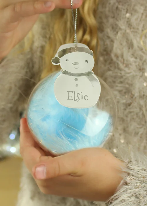 Personalised Memento Company Clear Snowman Acrylic Blue Feather Bauble - One Size Image 3