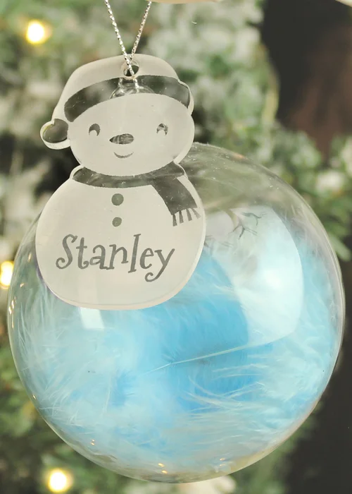 Personalised Memento Company Clear Snowman Acrylic Blue Feather Bauble - One Size Image 2