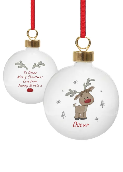 Personalised Memento Company White Little Reindeer Bauble - One Size Image 1