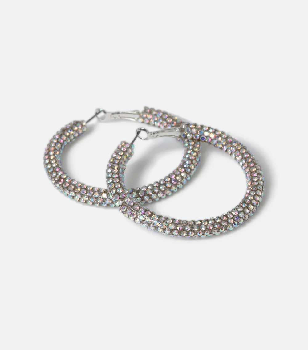 Muse Silver Large Rhinestone Tube Hoop Earrings - One Size Image 2