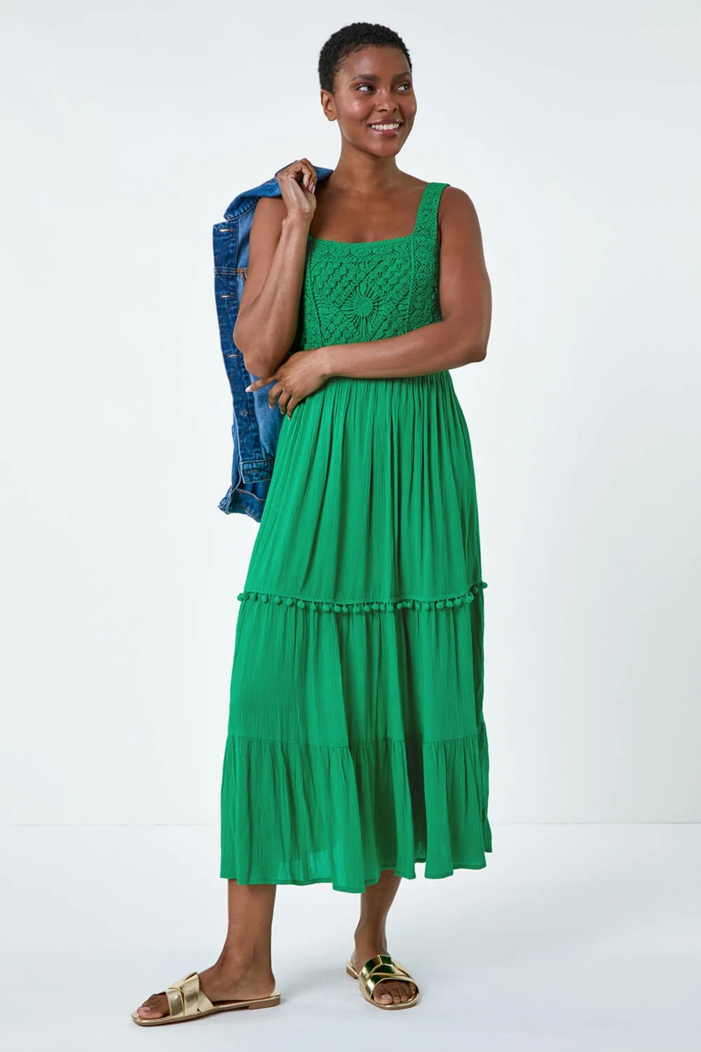 Roman Green Crochet Detail Cotton Blend Maxi Dress - 10 Image 2