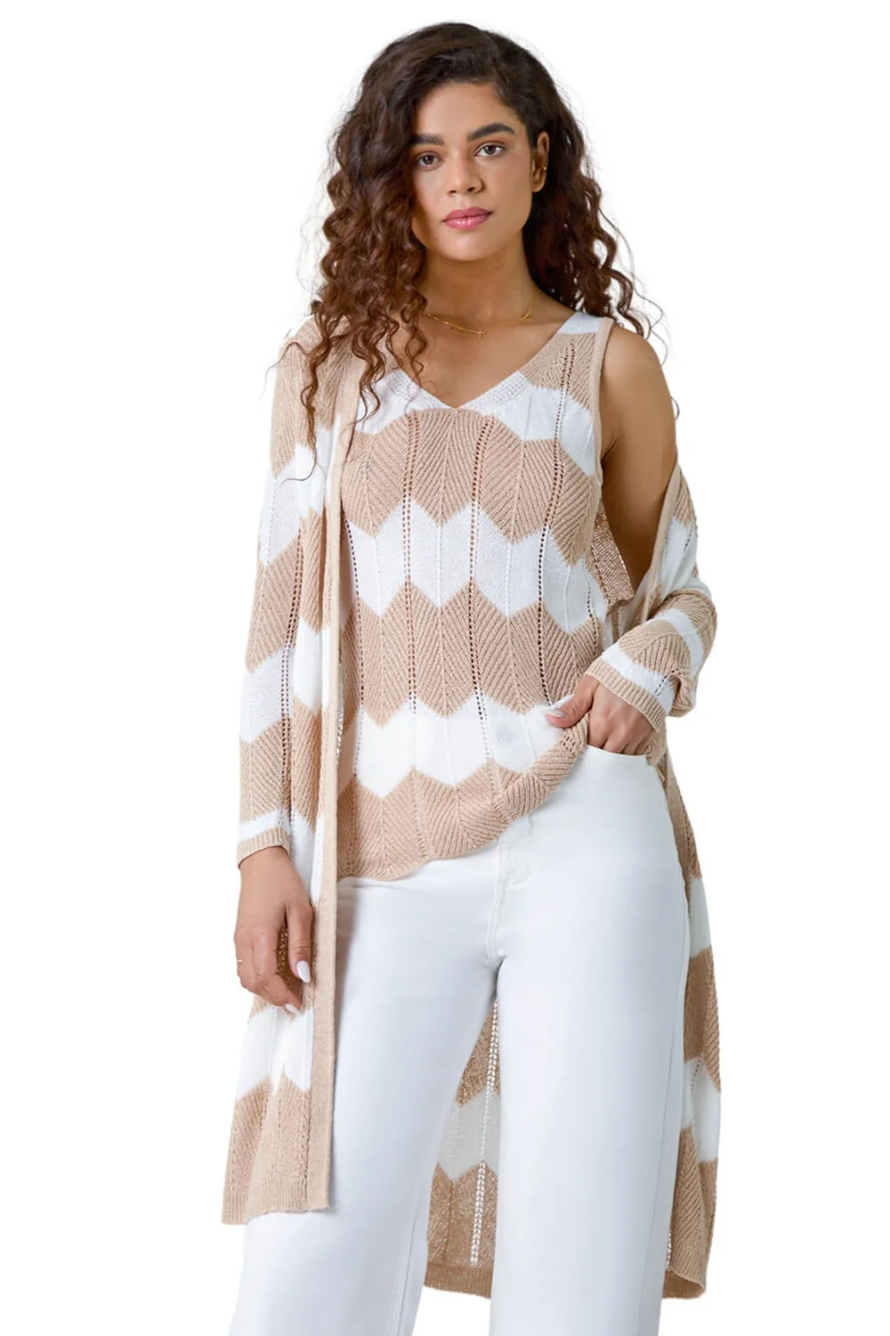 Roman Natural Chevron Stripe Shimmer Longline Cardigan - 10 Image 1