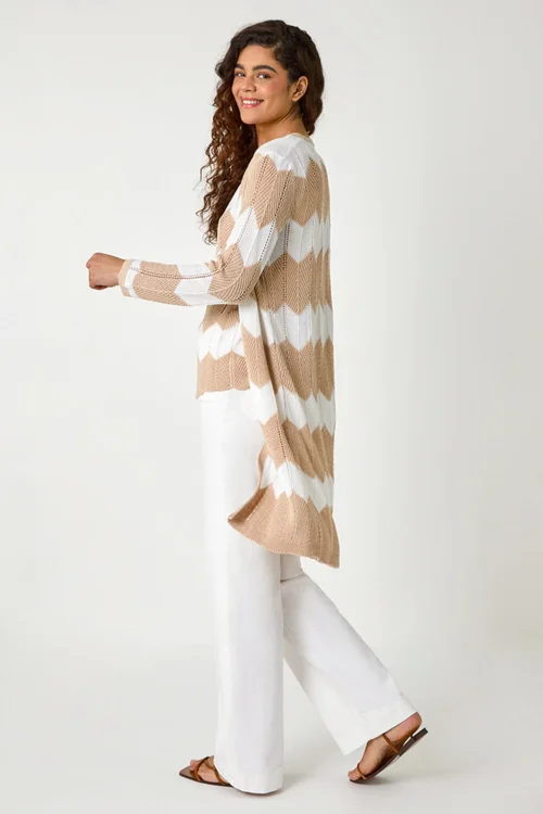 Roman Natural Chevron Stripe Shimmer Longline Cardigan - 10 Image 3