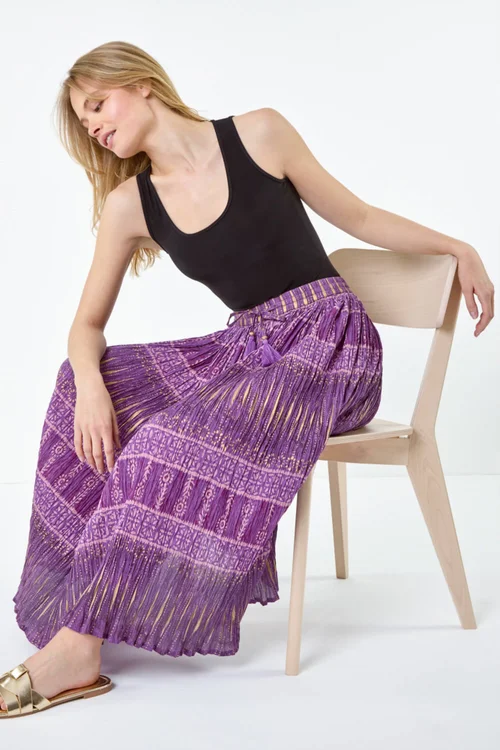 Roman Purple Crinkle Cotton Metallic Foil A Line Midi Skirt - Size 24 Image 2