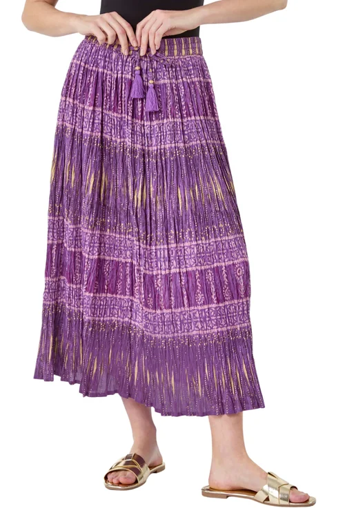 Roman Purple Crinkle Cotton Metallic Foil A Line Midi Skirt - Size 24 Image 1