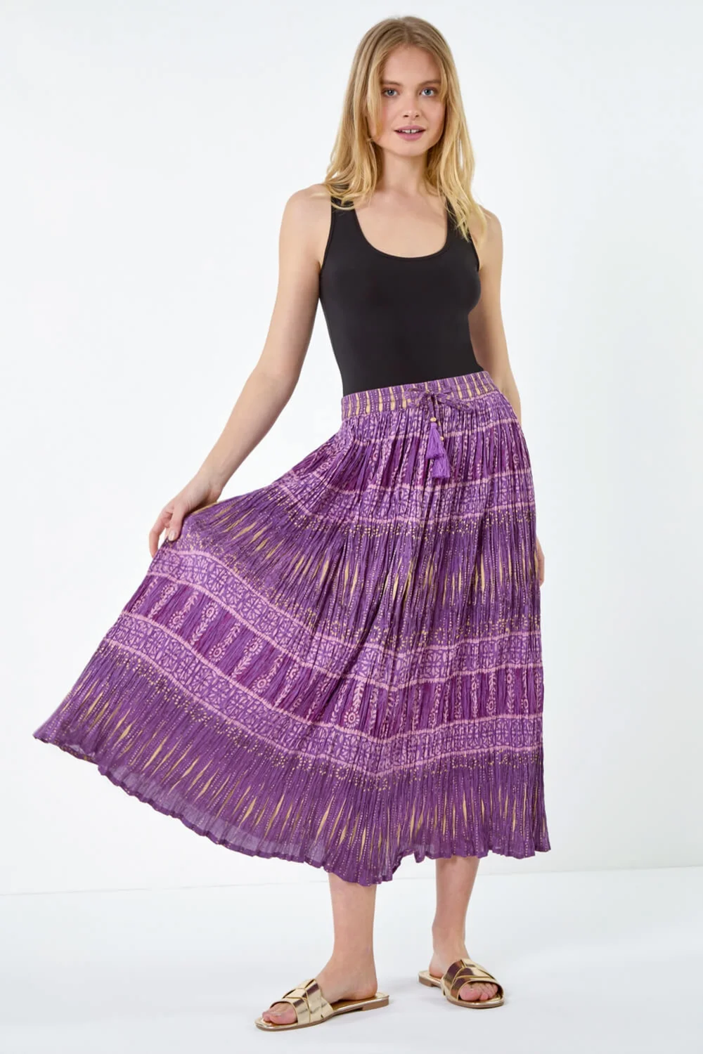 Roman Purple Crinkle Cotton Metallic Foil A Line Midi Skirt - Size 24 Image 3