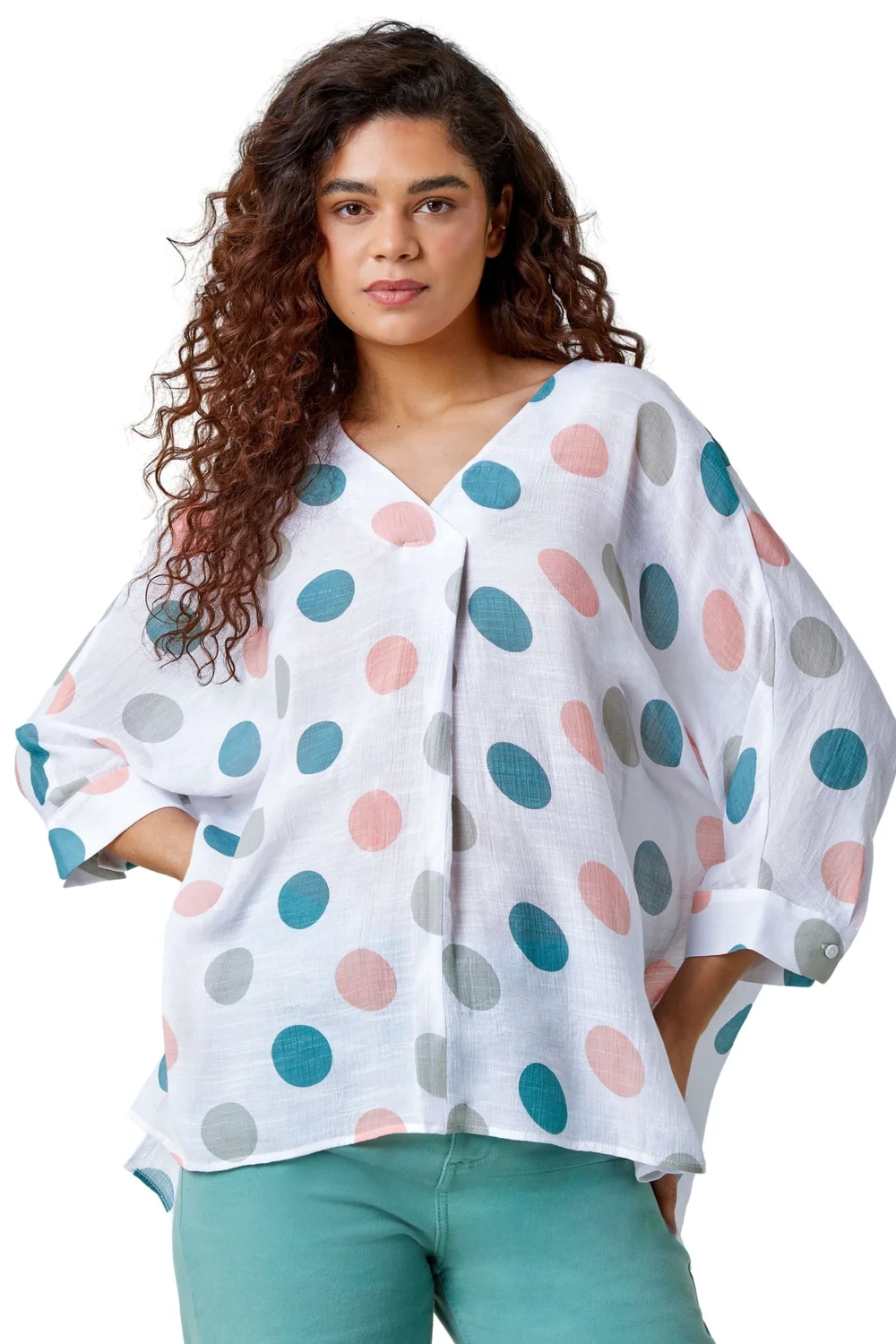 Roman Green Polka Dot Print Pleat Front Top - Size 14 Image 1