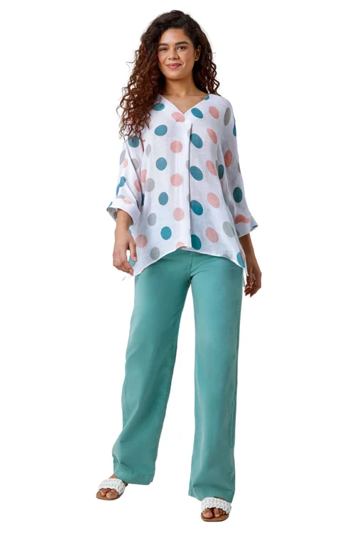 Roman Green Polka Dot Print Pleat Front Top - Size 14 Image 2