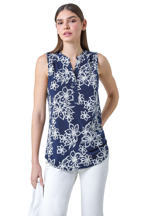 Roman Navy Sleeveless V-Neck Floral Print Stretch Top - 18 Image 1