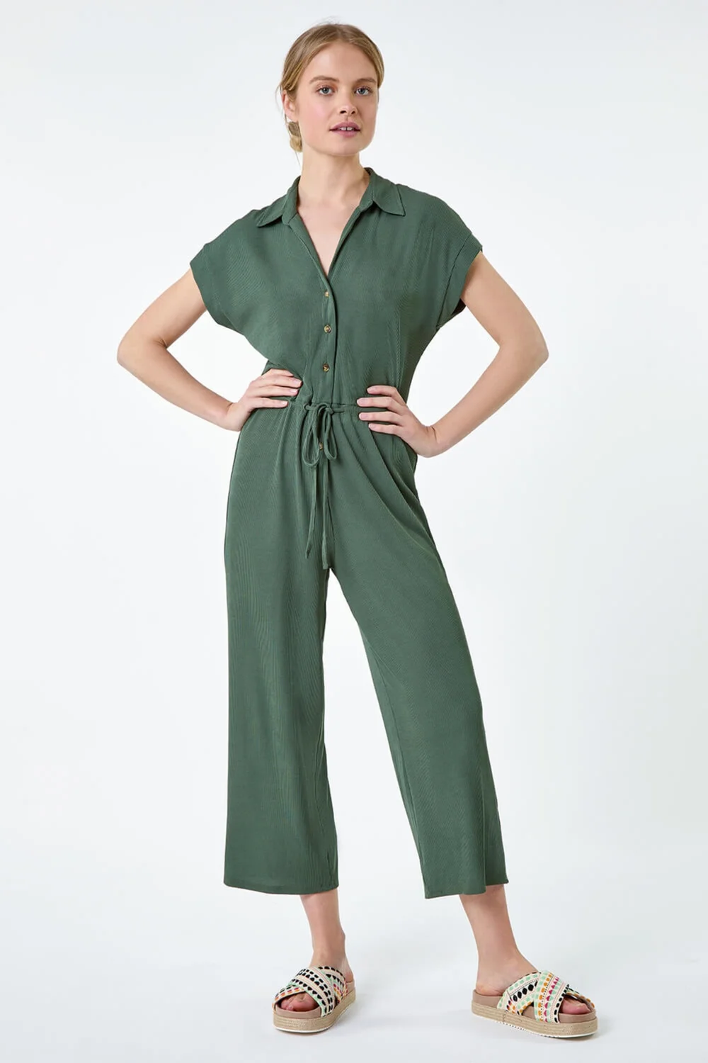Roman Khaki Plain Ribbed Stretch Jersey Jumpsuit - Size 24 Image 3