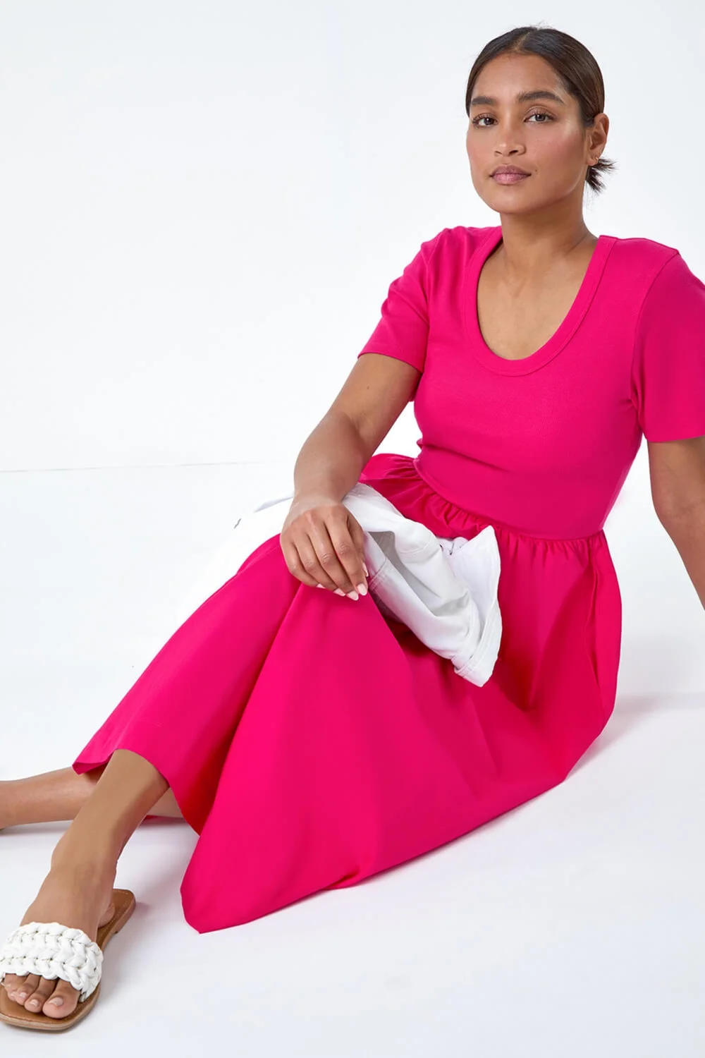 Roman Fuchsia Cotton Stretch Jersey Mix Midi Dress - Size 22 Image 3