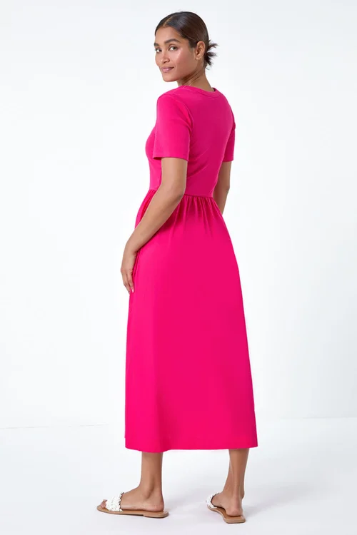 Roman Fuchsia Cotton Stretch Jersey Mix Midi Dress - Size 22 Image 4