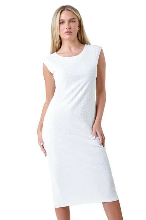 Roman Petite White Petite Textured Crochet Midi Dress - 12 Image 1