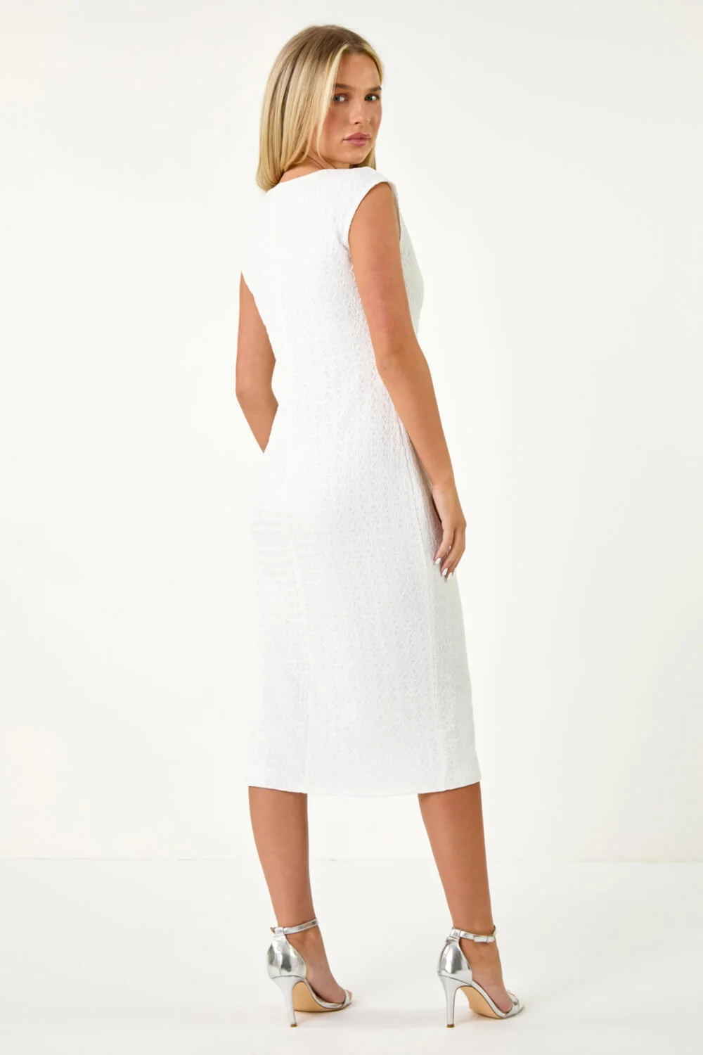 Roman Petite White Petite Textured Crochet Midi Dress - 12 Image 3