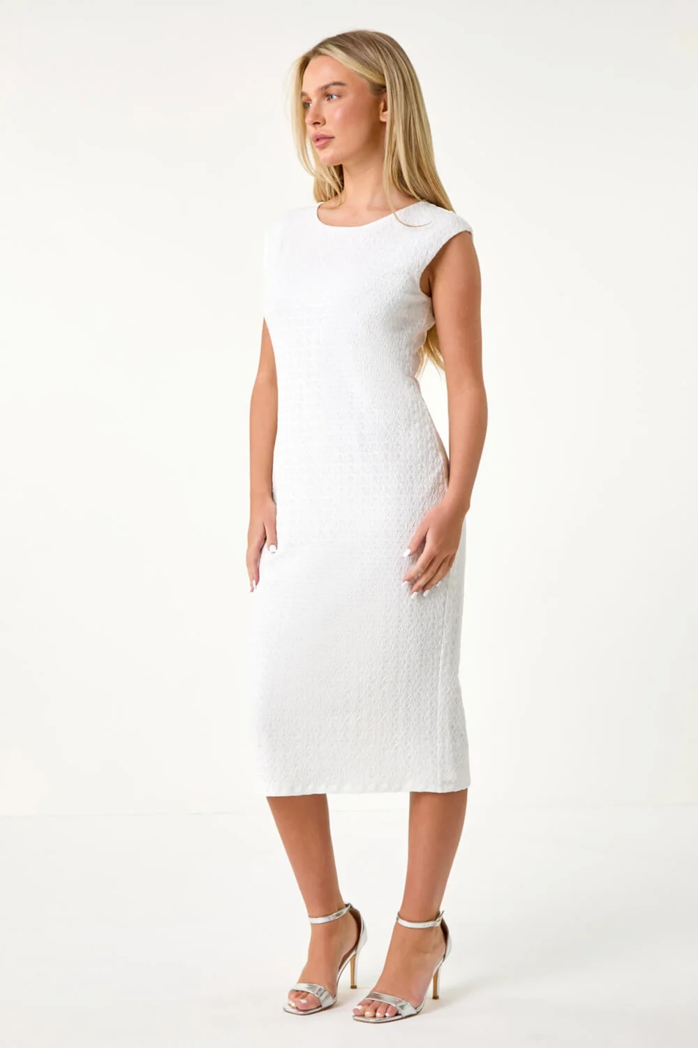 Roman Petite White Petite Textured Crochet Midi Dress - 12 Image 2