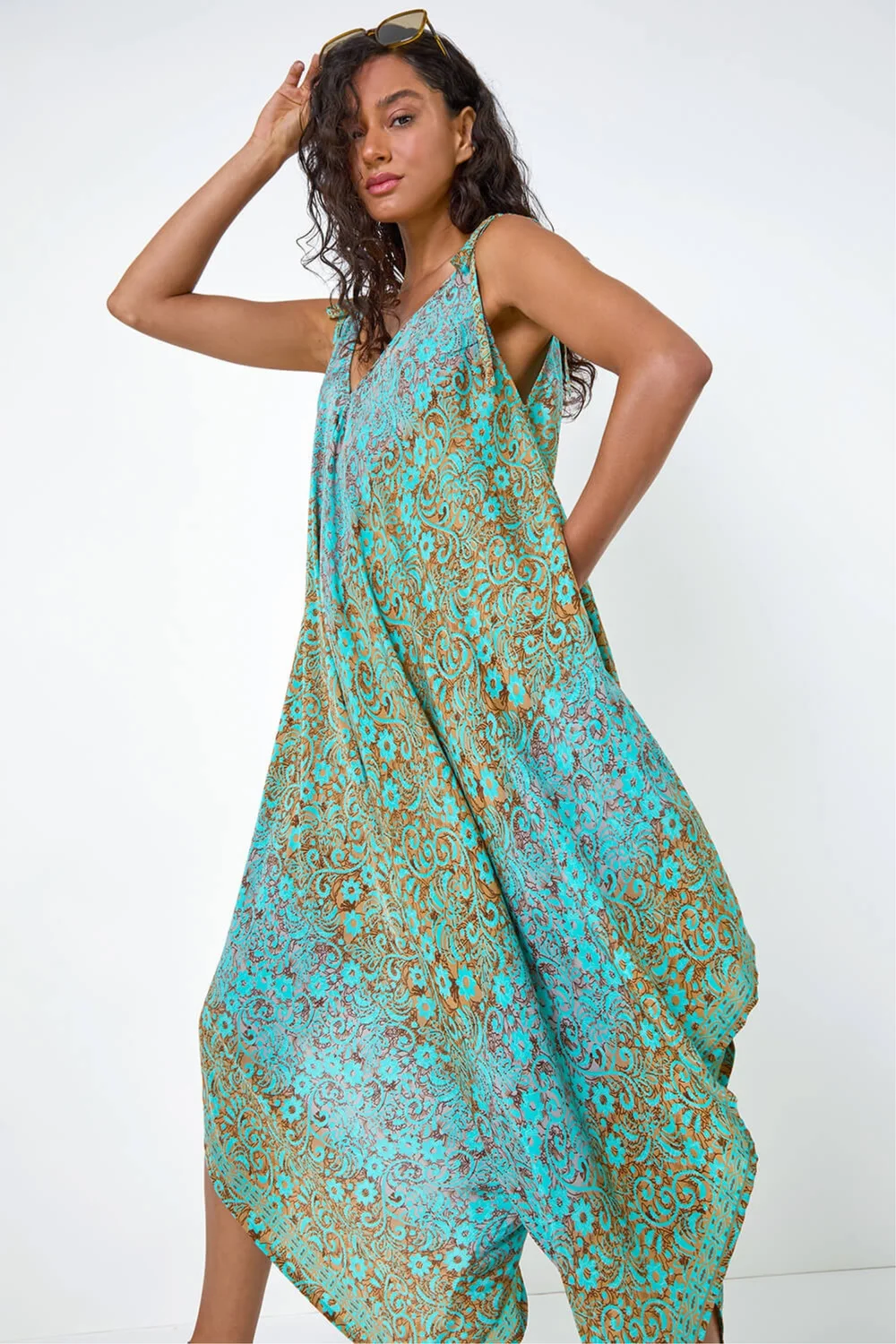 Dusk Teal Paisley Floral Pocket Slouchy Jumpsuit - S Image 2