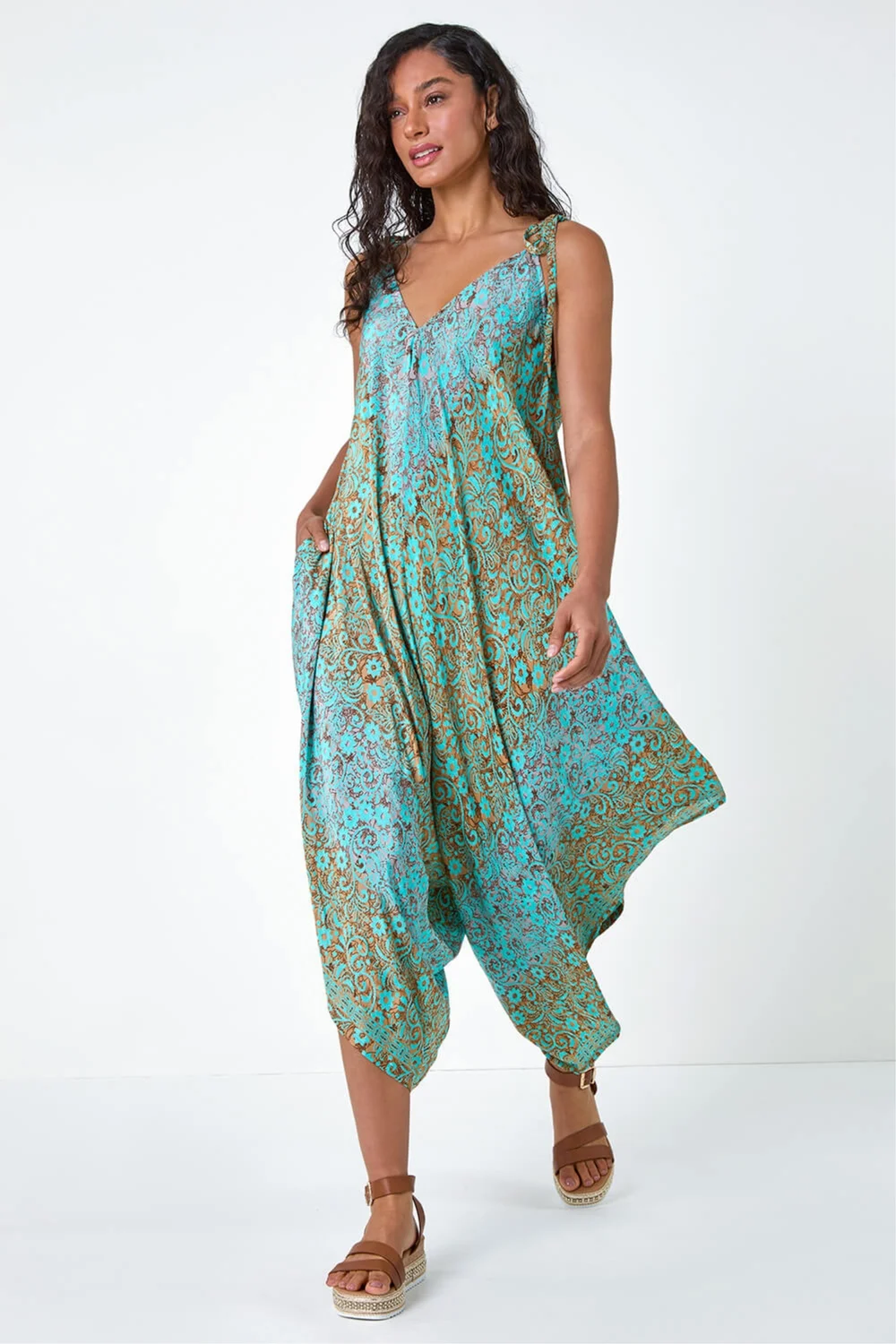 Dusk Teal Paisley Floral Pocket Slouchy Jumpsuit - S Image 1